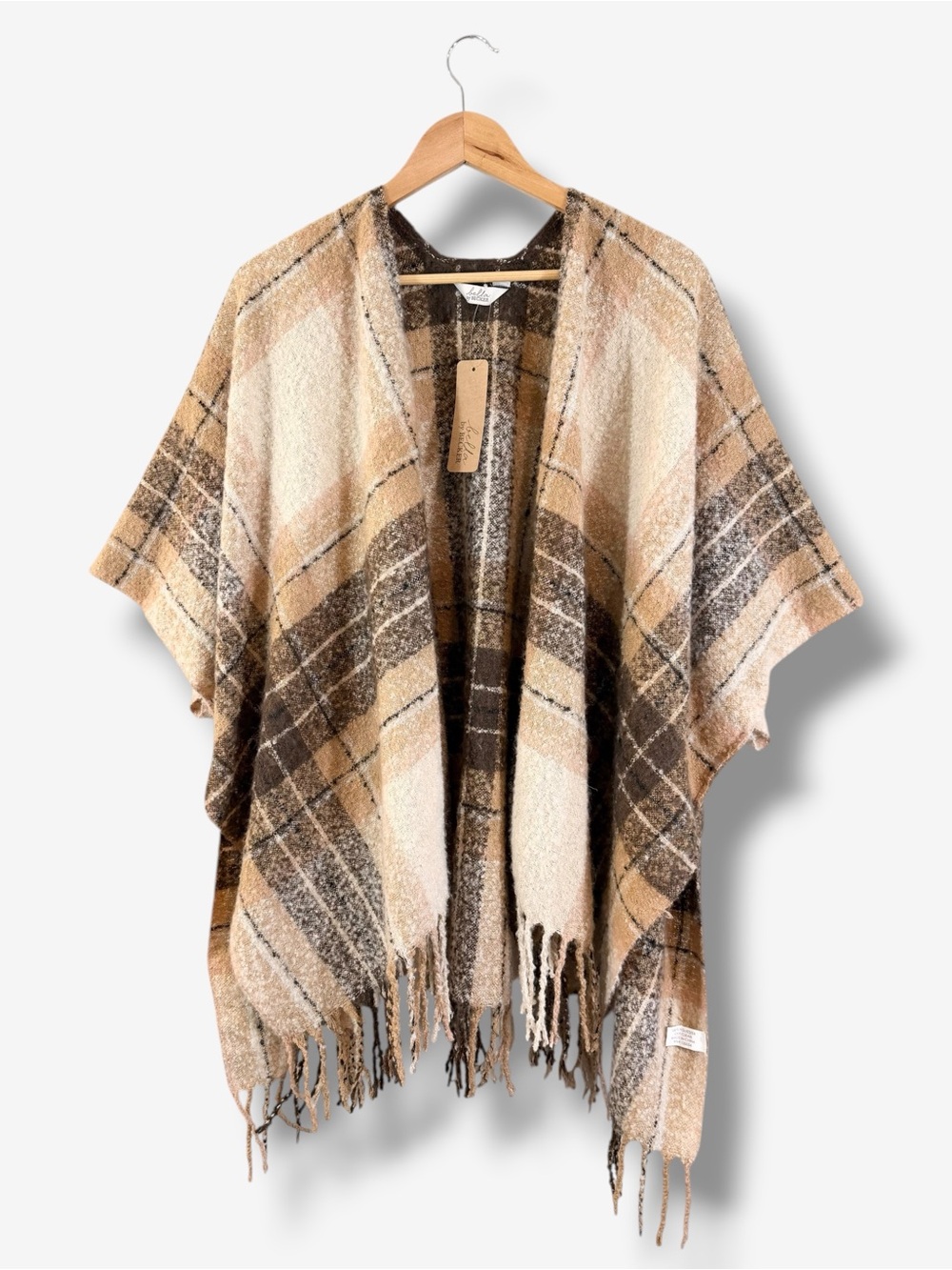 Tan Brown Fringe Black Scarf Wrap Poncho ONE SIZE Bella by Becker Boho Casual